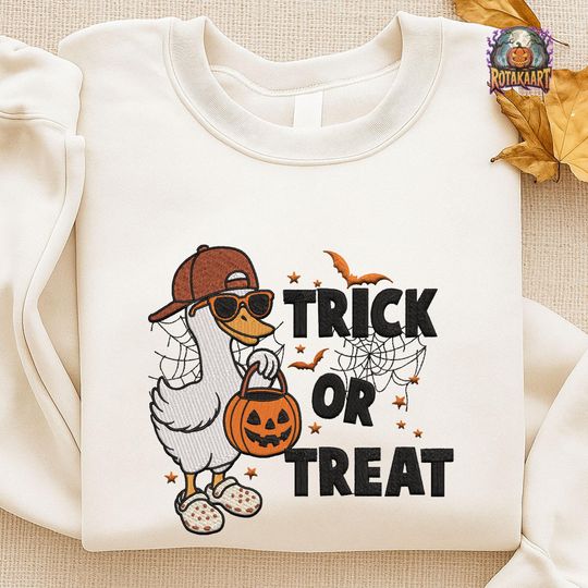 Discover Silly Goose Embroidered Sweatshirt, Trick Or Treat Goose Embroidered Shirt, Goose Bumps Shirt, Spooky Goose Halloween Embroidery