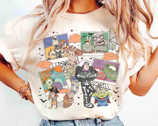 Discover Vintage Disney Pixar Characters Halloween Photos Shirt, Toy Story Skeleton, Cars Mummy, Monster Inc Tee, Mickey's Not So Scary Party Trip