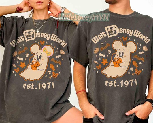 Discover Comfort Colors Mickey & Minnie Ghost Halloween Couple Shirt, Walt Disney World Est 1955 Tee, Girly Disney Halloween, Family Spooky Season