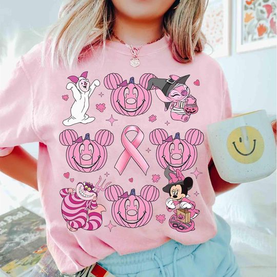 Discover In October We Wear Pink Pumpkin Disney Halloween Shirt,  Breast Cancer Awareness Tee, Minnie Mouse Piglet Aurora, Disney Cancer Support Gift