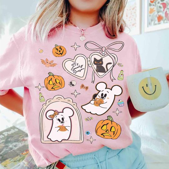 Discover Comfort Colors Coquette Mickey & Minnie Ghost Halloween Shirt, Disney Spooky Vibes, Boo To You, WDW Family Spooky Season Gift, Girly Disney