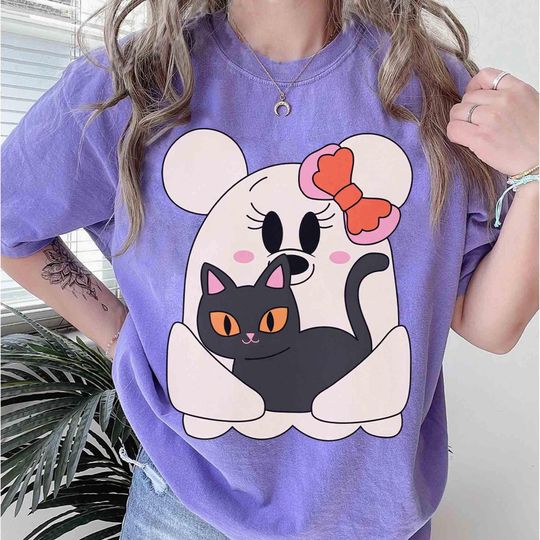 Discover Disneyland Resort Minnie Mouse Ghost and Black Cat Halloween Shirt, Girly Disney Halloween, WDW Family Spooky Season, Birthday Girl Trip tee