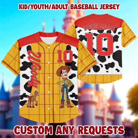 Discover Personalize Toy Story Woody Baseball Jersey, Matching Baseball Team Outfit, Adult Youth Kids Jersey, Toy Story Jersey