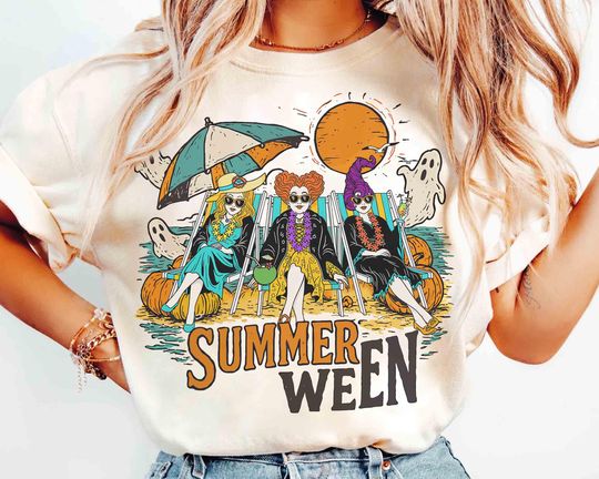 Discover Funny Hocus Pocus Spooky Summer Halloween T-shirt, Sanderson Sisters Witches on Beach Tee, Disney Summerween, Magic Kingdom Summer Trip 2025