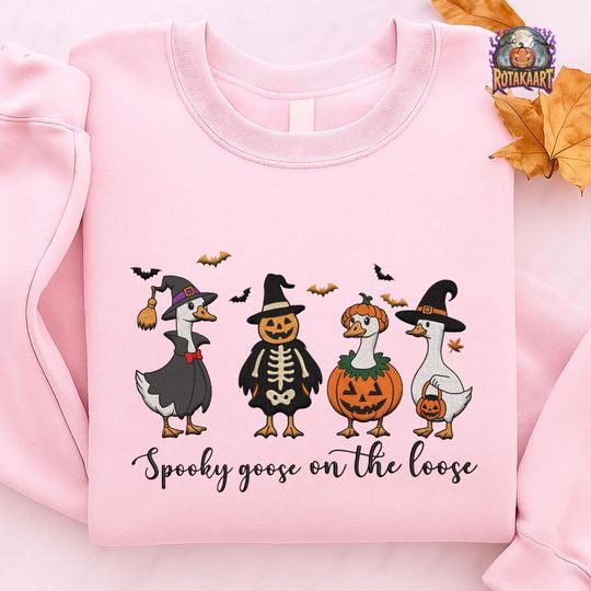 Discover Goose On The Loose Embroidered Sweatshirt, Cute Witch Ghost Goose Embroidered Shirt, Just A Spooky Shirt, Goose Bumps Halloween Embroidery