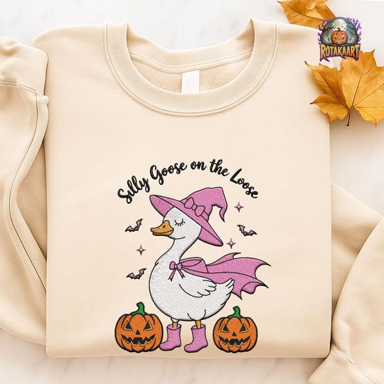Discover Just A Spooky Goose Embroidered Sweatshirt, Goose On The Loose Embroidered Shirt, Cute Witch Goose Shirt, Goose Bumps Halloween Embroidery