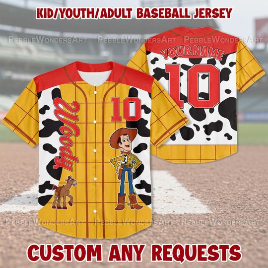 Discover Personalized Toy Story Woody Baseball Jersey, Matching Baseball Team Outfit, Adult Youth Kids Jersey, Toy Story Jersey