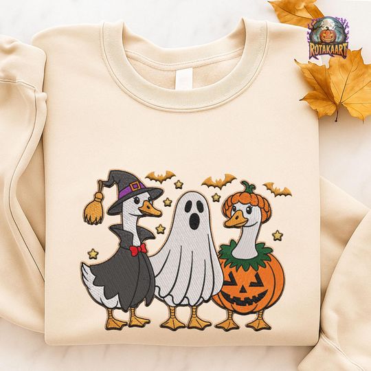 Skeleton Goose Embroidered Sweatshirt, Goose Halloween Fall Embroidered Shirt, Boo Ghost Goose Shirt, Silly Goose Halloween Embroidery