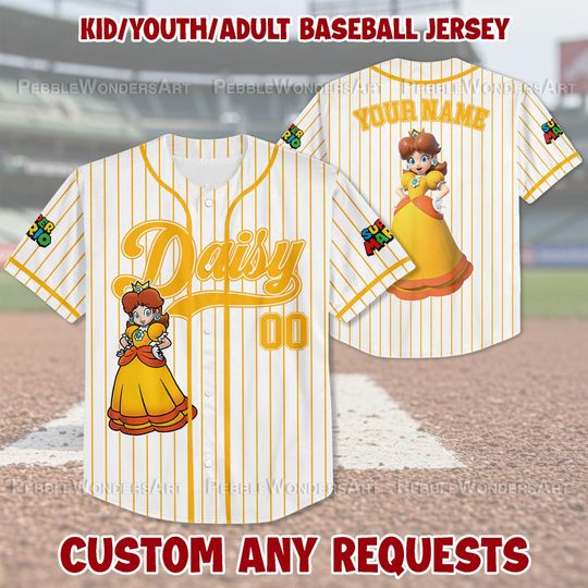 Personalized Mario Daisy Baseball Jersey, Super Mario Daisy Princess Peach Kids Youth Adult Baseball Team