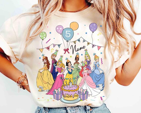 Discover Personalized Name Age Disney Princess Birthday T-Shirt, Custom Tiana Ariel Elsa Rapunzel Belle Birthday Present Gift, Disneyland Family Trip