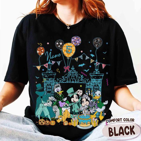 Discover Personalized Name Age Mickey & Friends Haunted Mansion Birthday Shirt, Custom Disney Halloween Birthday Gift, WDW Family Birthday Party Tee