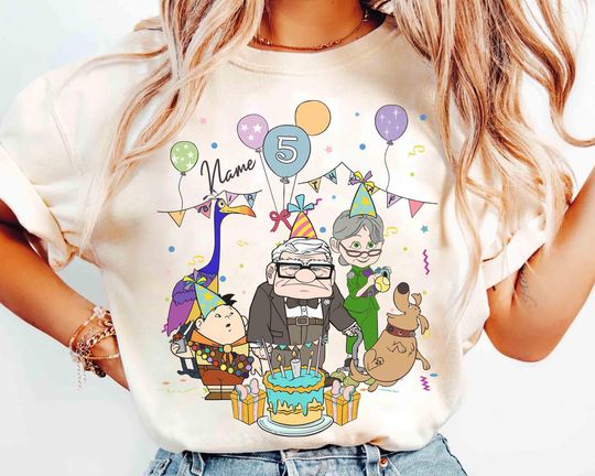 Discover Personalized Name Age Pixar Up Birthday Balloon T-Shirt, Custom Disney Carl Russell Dug Birthday Present Gifts, Disneyland Family Trip Tee