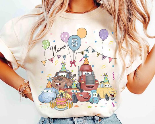 Discover Personalized Name Pixar Cars Birthday T-Shirt, Custom Disney MC Queen Tow Mater Sally Birthday Present Gift, Disneyland Family Trip Shirt