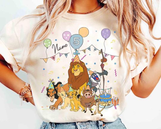 Discover Personalized Name Age Lion King Birthday Balloon T-Shirt, Custom Disney Simba Timon Pumbaa Birthday Present Gift, Disneyland Family Trip Tee
