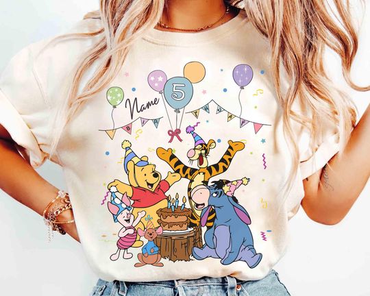 Personalized Name Age Winnie the Pooh Birthday T-Shirt, Custom Disney Eeyore Tigger Piglet Birthday Present Gift, Disneyland Family Trip Tee