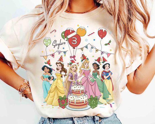 Discover Personalized Name Age Disney Princess Birthday Christmas Shirt, Custom Ariel Elsa Rapunzel Belle Birthday Present Gifts, Disneyland Family