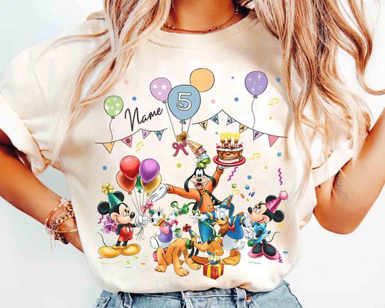 Personalized Name Age Mickey & Friends Birthday T-Shirt, Custom Disney Minnie Donald Pluto Birthday Present Gift, Disneyland Family Trip Tee