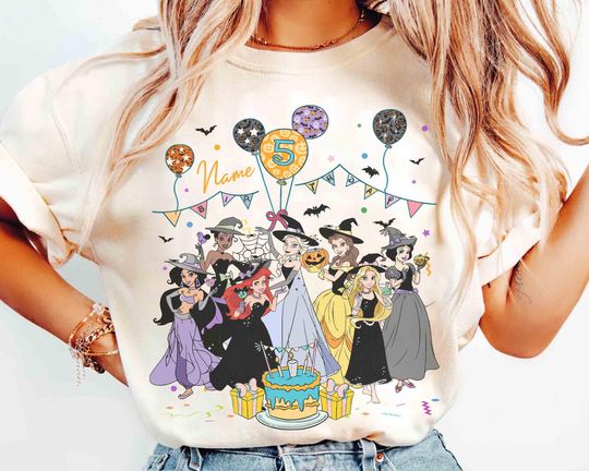 Discover Personalized Name Age Disney Princess Birthday Halloween Shirt, Custom Ariel Elsa Rapunzel Belle Birthday Present Gifts, Disneyland Family