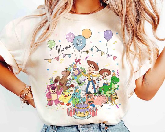 Discover Personalized Name Age Pixar Toy Story Birthday T-Shirt, Custom Disney Buzz Woody Jessie Birthday Present Gift, Disneyland Family Trip Tee