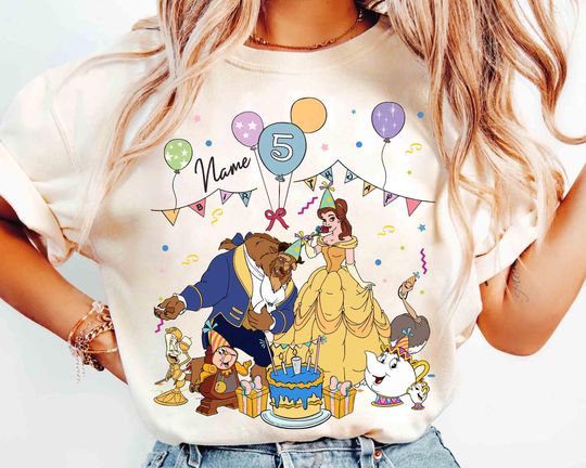 Discover Personalized Name Beauty and the Beast Birthday Girl T-Shirt, Custom Disney Belle Princess Birthday Present Gift, Disneyland Family Trip Tee