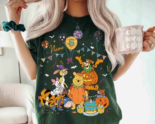 Discover Personalized Name Age Winnie the Pooh Birthday Halloween Shirt, Custom Disney Halloween Birthday Gift, WDW Family Birthday Party Matching