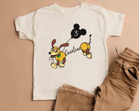 Discover Personalized Name Age Disney Slinky Dog Birthday T-Shirt, Mickey Balloon Age Tee, Pixar Toy Story Birthday, WDW Family Trip Matching 2025