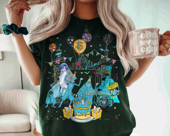 Discover Personalized Name Age Haunted Mansion Balloon Birthday T-shirt, Custom Disney Hitchhiking Ghosts Madame Leota Birthday Gift, WDW Family Trip