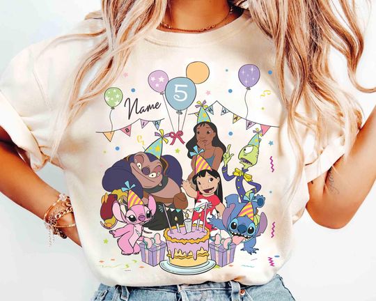 Discover Personalized Name Age Lilo & Stitch Birthday T-Shirt, Custom Disney Stitch Angel Lilo Pleakley Birthday Present Gift, Disneyland Family Trip