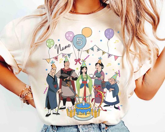 Discover Personalized Name Mulan Princess Birthday Balloons T-Shirt, Custom Disney Mushu Cri-Kee Birthday Present Gift, Disneyland Family Trip Tee