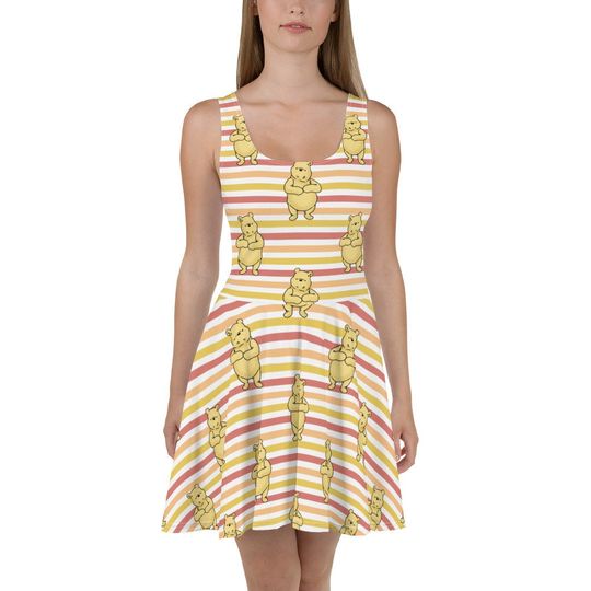 Discover Pooh Stripes Skater Dress – Fun Cartoon Style Casual Outfit for Women