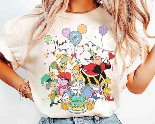 Discover Personalized Name Age Disney Alice in Wonderland Birthday T-shirt, Disney Mad Hatter Cheshire Cat  Birthday Present Gift, Disneyland Family