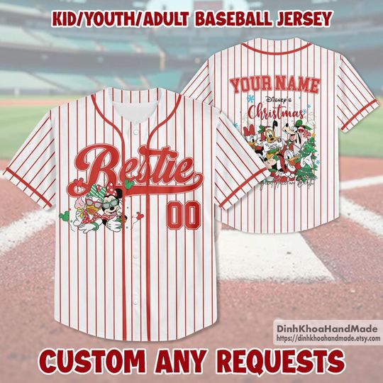 Discover Personalized Disney Minnie and Daisy Bestie Christmas Baseball Jersey Besties Choose Style Shirt Disneyland Birthday Gift Kids Youth Adult