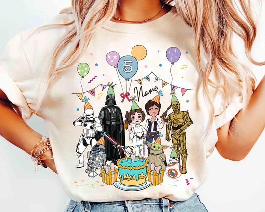 Personalized Name Age Star Wars Group Birthday T-shirt, Darth Vader Leia C3PO Birthday Tee, Galaxy's Edge Family Birthday Trip 2025 Shirt