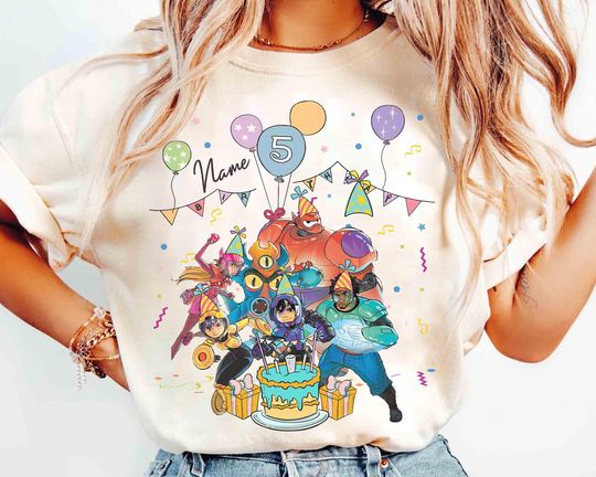 Discover Personalized Name Big Hero 6 Birthday Balloon Shirt, Custom Disney Hiro Hamada and Baymax Birthday Present Gift, Disneyland Family Trip Tee