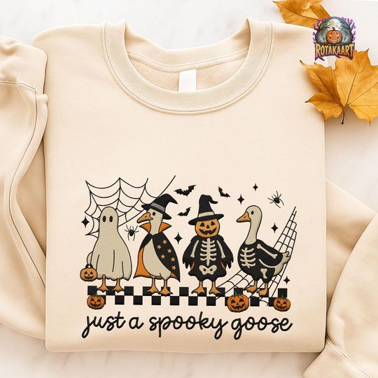 Skeleton Silly Goose Embroidered Sweatshirt, Just A Spooky Goose Embroidered Shirt, Spooky Goose Shirt, Horror Goose Halloween Embroidery