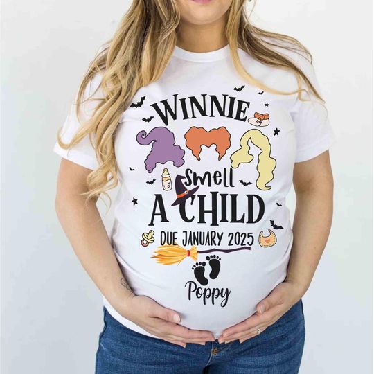 Discover Personalized Maternity Hocus Pocus Shirt, Sanderson Sisters I Smell a Child Pregnancy Tee, Baby Announcement Reveal, Disney Halloween Gift
