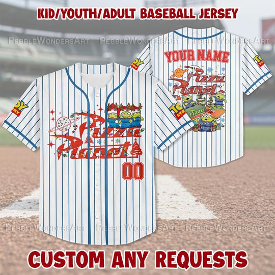 Discover Personalized Toy Story Pizza Planet Christmas Baseball Jersey, Disney Team Outfit Cartoon Birthday Gift for Adult Kid