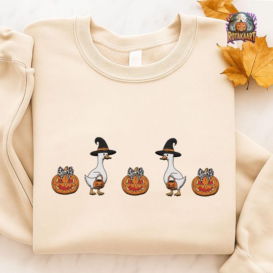 Discover Just A Spooky Goose Embroidered Sweatshirt, Goose Pumpkin Bow Embroidered Shirt, Boo Ghost Goose Shirt, Silly Goose Halloween Embroidery