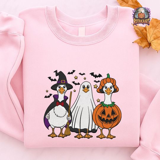 Skeleton Goose Embroidered Sweatshirt, Boo Ghost Goose Embroidered Shirt, Spooky Goose On The Loose Shirt, Silly Goose Halloween Embroidery