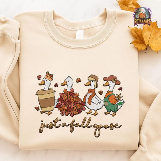 Goose Fall Embroidered Sweatshirt, Just A Cozy Goose Embroidered Shirt, Cute Witch Ghost Pumpkin Shirt, Silly Goose Halloween Embroidery