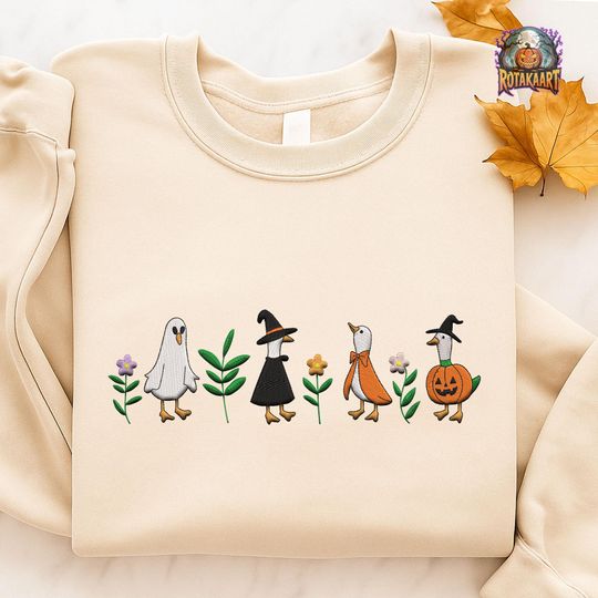 Fall Flora Goose Embroidered Sweatshirt, Halloween Goose Embroidered Shirt, Cute Witch Ghost Pumpkin Shirt, Silly Goose Halloween Embroidery