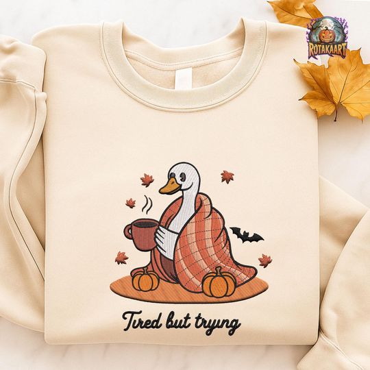 Discover Just A Spooky Embroidered Sweatshirt, Goose Tired But Trying Embroidered Shirt, Spooky Goose On The Loose Shirt, Goose Halloween Embroidery