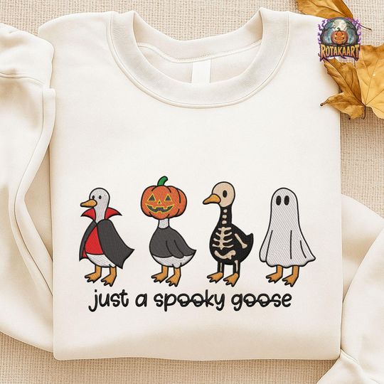 Discover Goose On The Loose Embroidered Sweatshirt, Just A Spooky Goose Embroidered Shirt, Halloween Goose Shirt, Horror Goose Halloween Embroidery