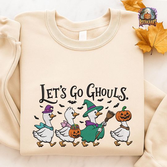 Goose On The Loose Embroidered Sweatshirt, Let's Go Ghouls Goose Embroidered Shirt, Goose Shirt, Silly Goose Halloween Embroidery