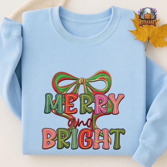 Merry Christmas Embroidered Sweatshirt, Merry And Bright Embroidered Shirt, Preppy Christmas Bow Shirt, Coquette Bow Christmas Embroidery