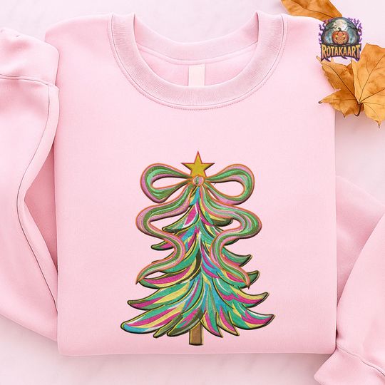 Coquette Bow Embroidered Sweatshirt, Christmas Tree Embroidered Shirt, Preppy Christmas Bow Shirt, Merry And Bright Christmas Embroidery