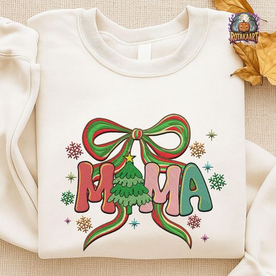Preppy Christmas Bow Embroidered Sweatshirt, Mama Coquette Embroidered Shirt, Christmas Tree Bow, Coquette Bow Christmas Embroidery