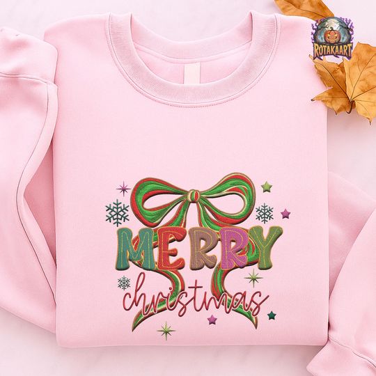 Merry And Bright Embroidered Sweatshirt, Merry Christmas Coquette Embroidered Shirt, Preppy Bow Shirt, Coquette Bow Christmas Embroidery