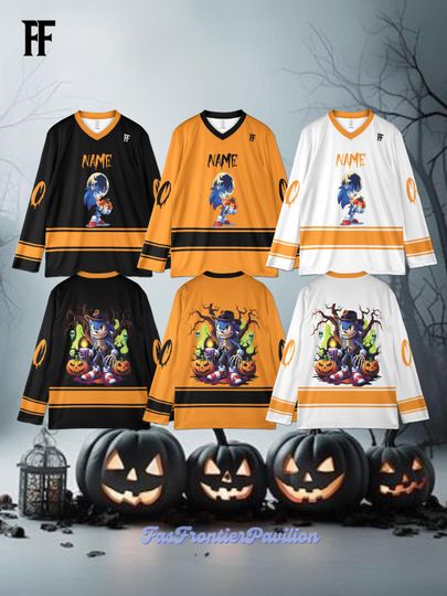 Custom Disney Sonic Halloween Hockey Jersey, Trick or Treat Hedgehog Shirt, Spooky Season Shirt, Sonic The Hedgehog Skeleton Hockey Jersey