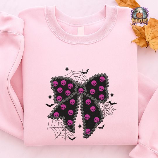 Coquette Bow Embroidered Sweatshirt, Lace Spooky Bow Embroidered Shirt, Preppy Spooky Bow Shirt, Ghost Coquette Halloween Embroidery